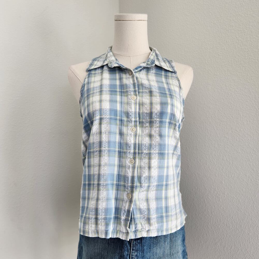 Vintage Y2K Faded Glory Blue White Plaid Sleeveless Button Down Top S Cottage - Picture 2 of 9